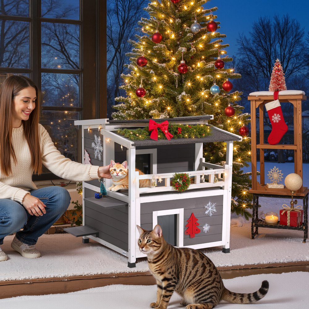 VEVOR Insulated Cat House, 2-Story Wooden Cat Shelter, Foam Insulation, Feral Kitty Shelter with Balcony, Waterproof