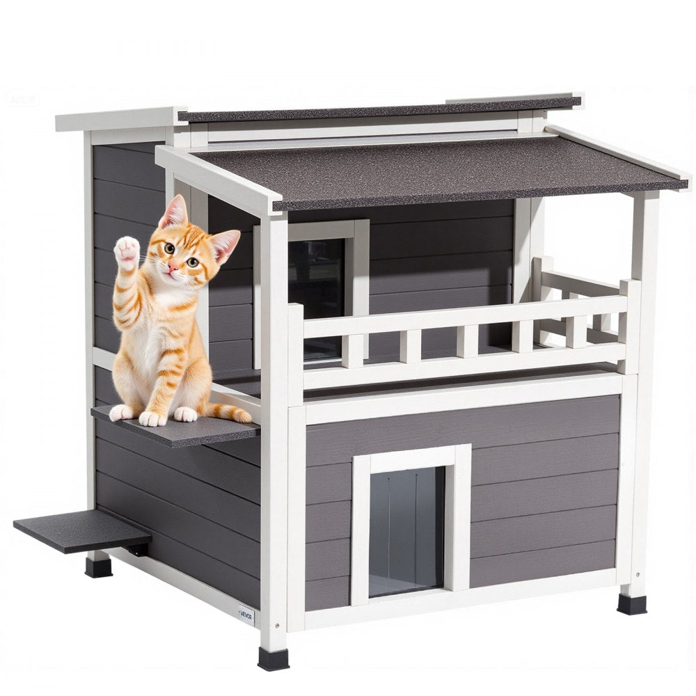 VEVOR Insulated Cat House, 2-Story Wooden Cat Shelter, Foam Insulation, Feral Kitty Shelter with Balcony, Waterproof