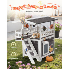 VEVOR Outdoor Cat House, 2-Story Wooden Cat Shelter with Stairs & Balcony, Elevated Feral Kitty Shelter, Spacious Room