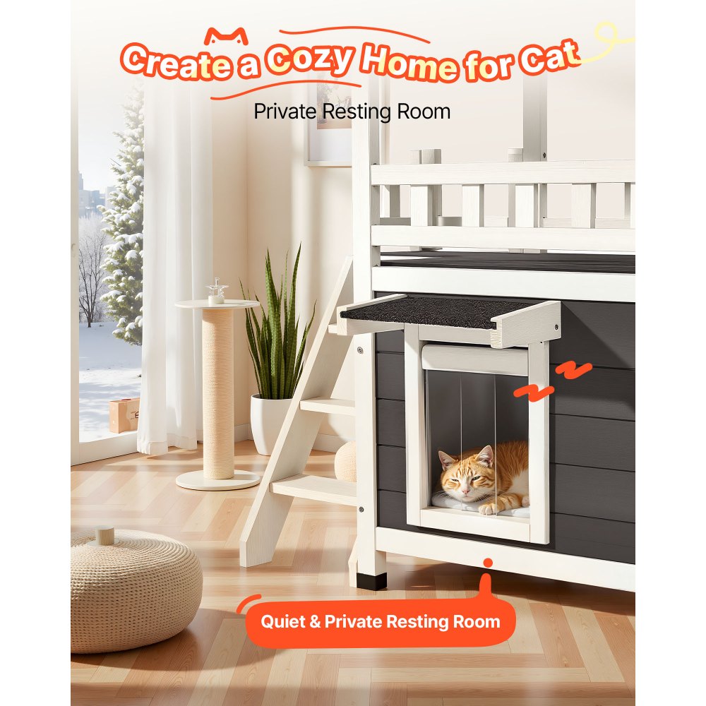 VEVOR Outdoor Cat House, 2-Story Wooden Cat Shelter with Stairs & Balcony, Elevated Feral Kitty Shelter, Spacious Room