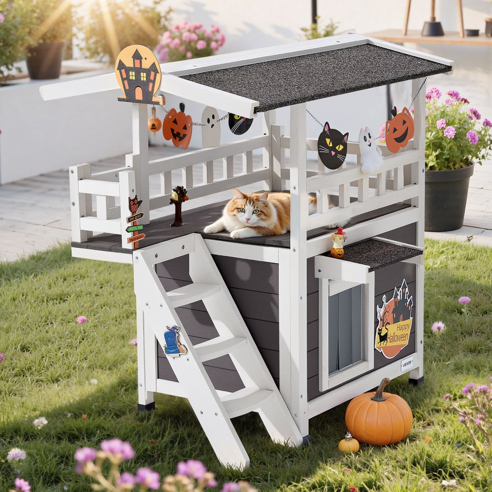 VEVOR Outdoor Cat House, 2-Story Wooden Cat Shelter with Stairs & Balcony, Elevated Feral Kitty Shelter, Spacious Room