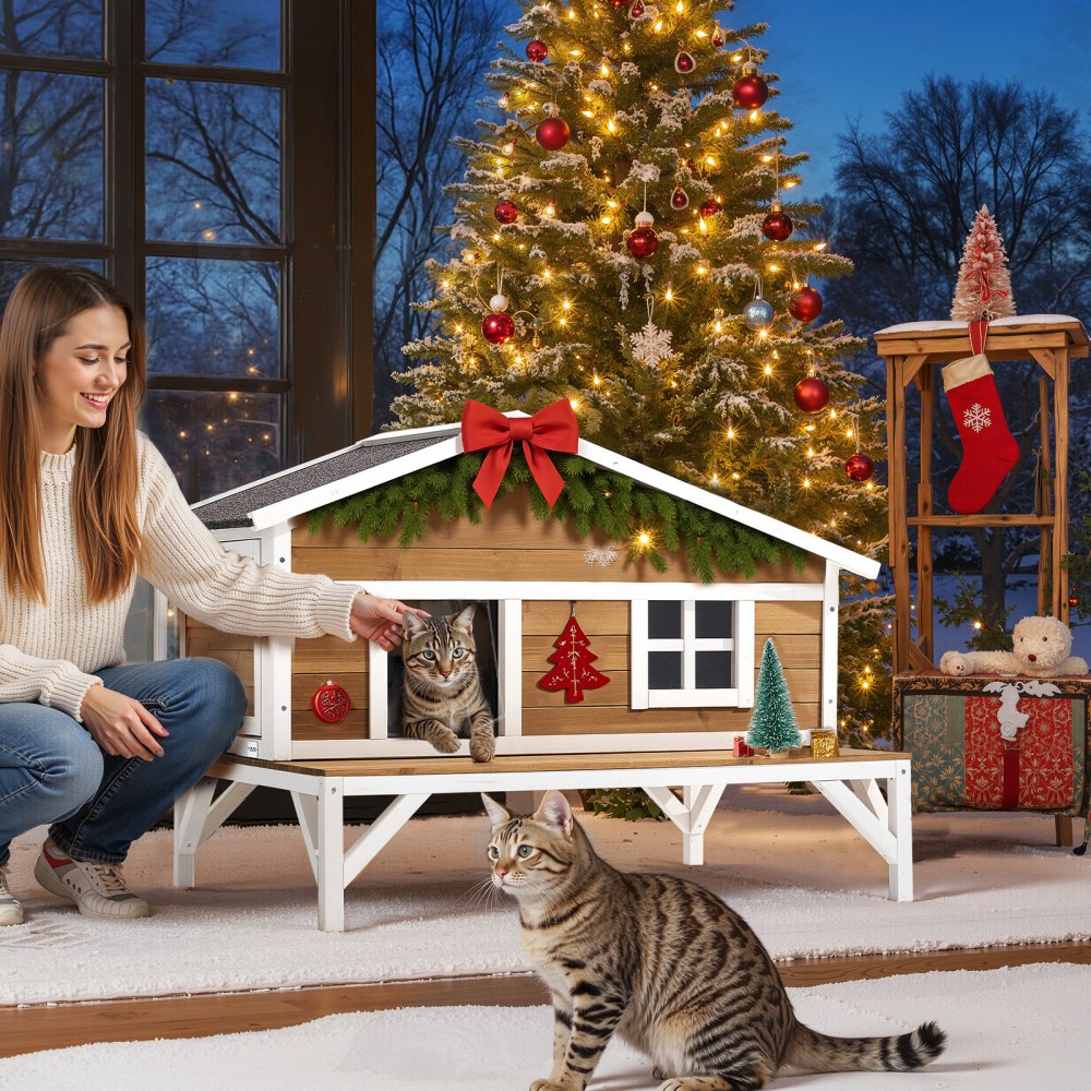 VEVOR Insulated Cat House, All-Around Foam Insulation Elevated Cat Shelter, Wooden Feral Kitty Shelter with Large