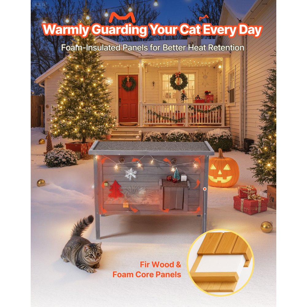 VEVOR Heated Cat House, Insulated Wooden Cat House for Outdoor Cats, Waterproof Feral Kitty Shelter with Heating Pad