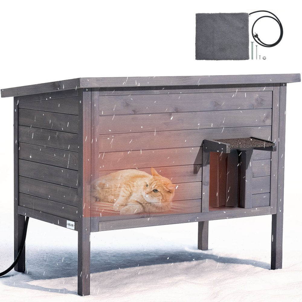 VEVOR Heated Cat House, Insulated Wooden Cat House for Outdoor Cats, Waterproof Feral Kitty Shelter with Heating Pad