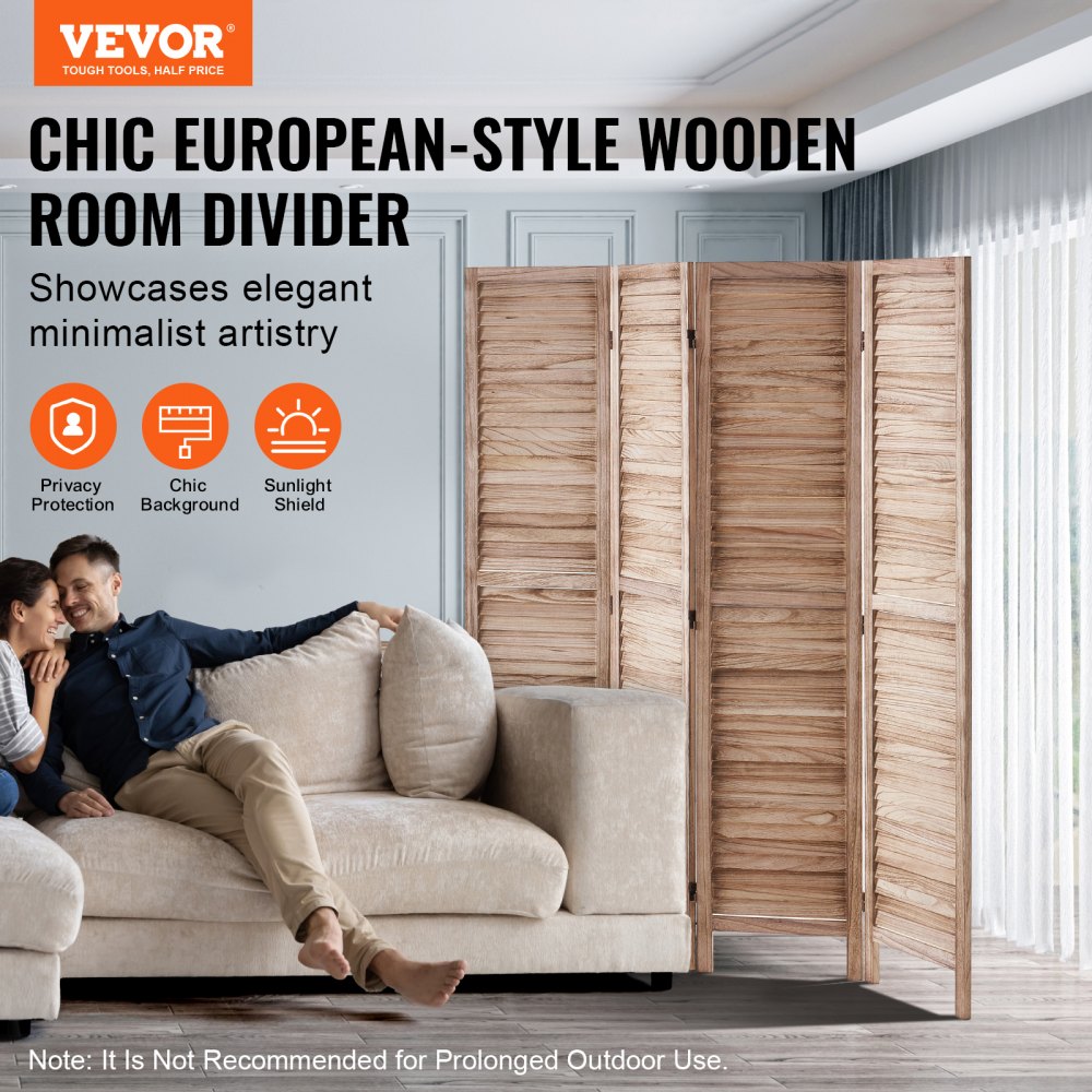 VEVOR Wood Room Divider, 4 Panel Wood Folding Privacy Screen, 66.9 Inches Tall Indoor Louvered Wooden Partition