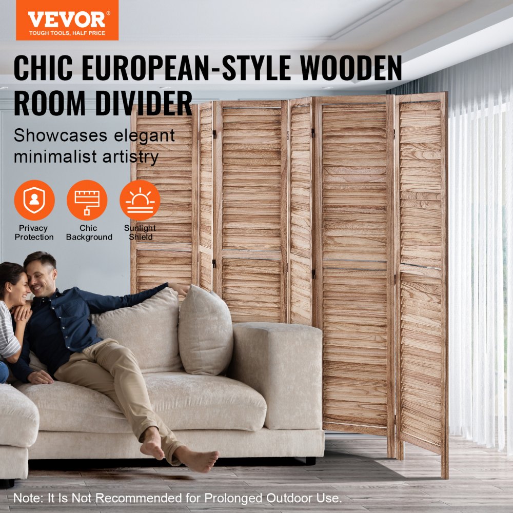 VEVOR Wood Room Divider, 6 Panel Wood Folding Privacy Screen, 66.9 Inches Tall Indoor Louvered Partition Divider