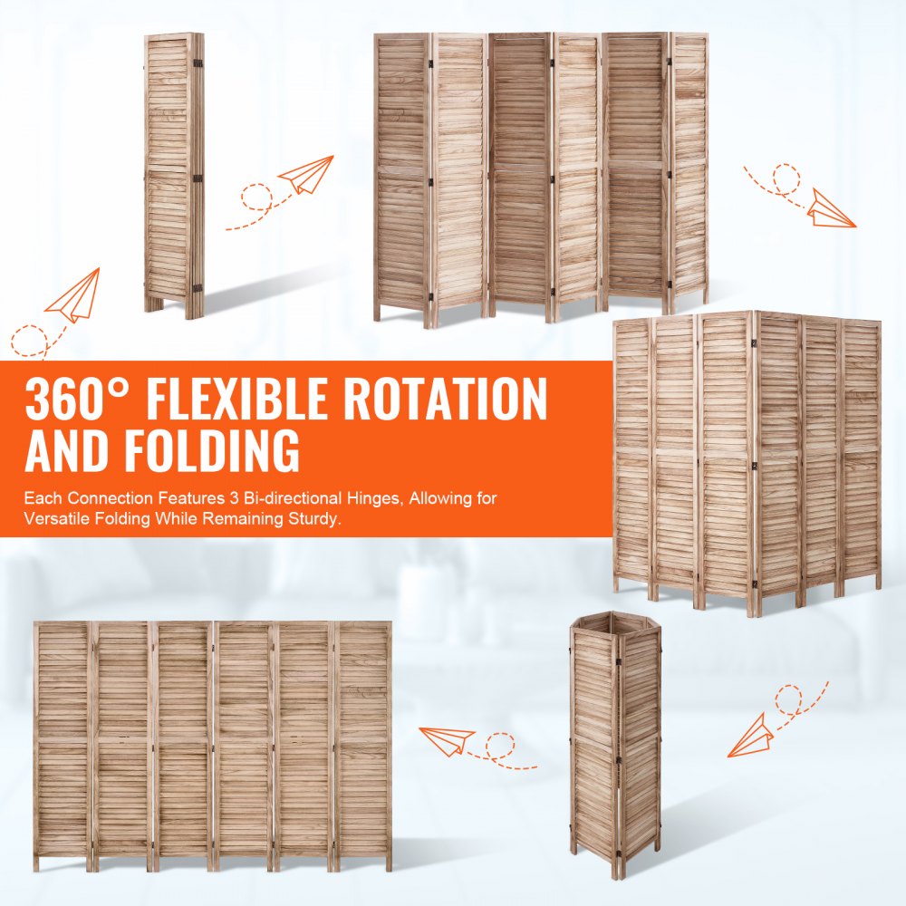 VEVOR Wood Room Divider, 6 Panel Wood Folding Privacy Screen, 66.9 Inches Tall Indoor Louvered Partition Divider