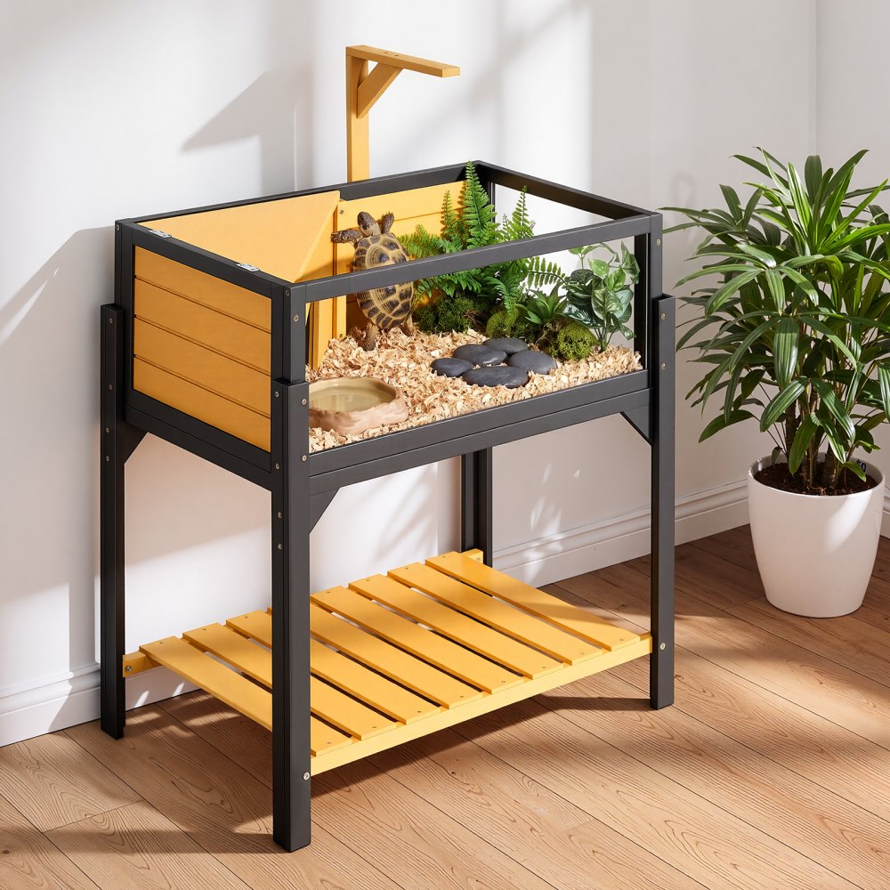 VEVOR Tortoise Habitat 2-Room Wooden Tortoise House Built-in Lamp Stand, for Small Animals Indoor Outdoor, Storage