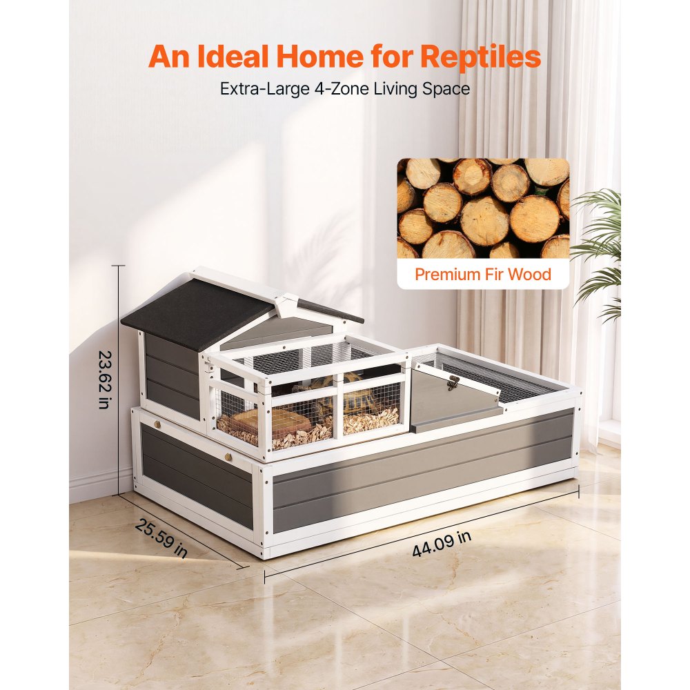 VEVOR Tortoise Habitat 4-Room Wooden Tortoise House with Balcony 2 Stories, for Small Animals Indoor Outdoor, Built-in