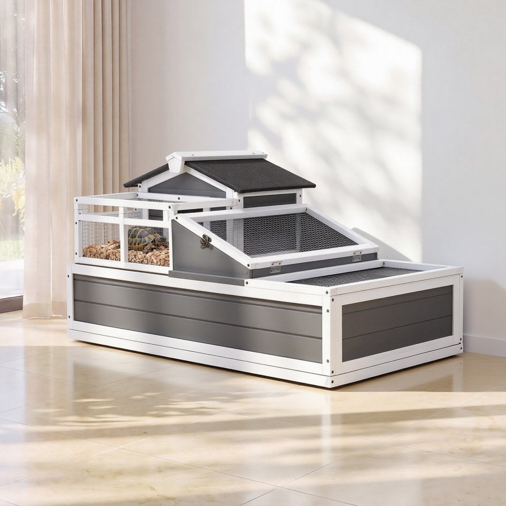 VEVOR Tortoise Habitat 4-Room Wooden Tortoise House with Balcony 2 Stories, for Small Animals Indoor Outdoor, Built-in