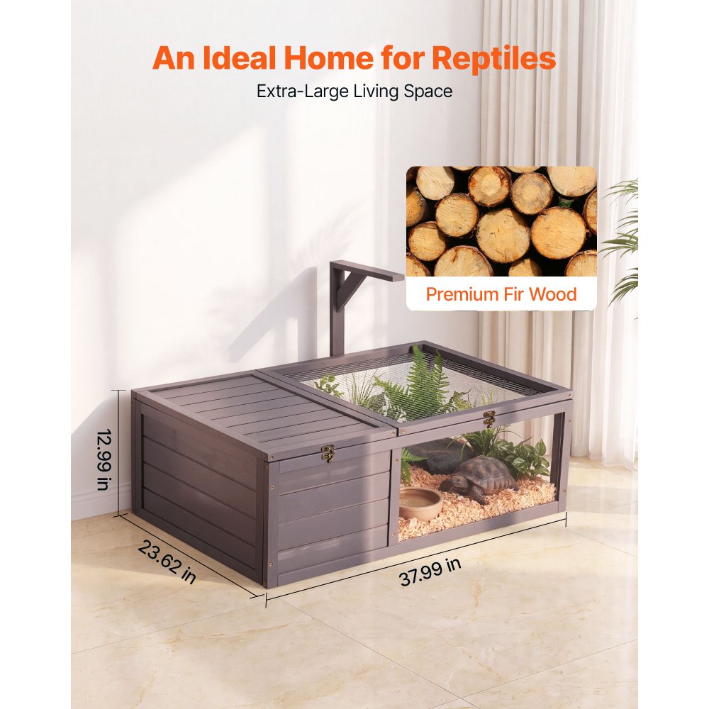 VEVOR Tortoise Habitat 2-Room Wooden Tortoise House with Pull-Out Tray, for Small Animals Indoor Outdoor, Lamp Stand