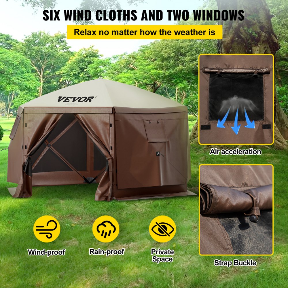 VEVOR Gazebo Screen Tent, 10 x 10 ft, 6 Sided Pop-up Camping Canopy Shelter Tent with Mesh Windows, Portable Carry Bag