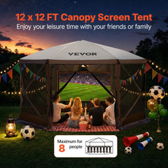 VEVOR Gazebo Screen Tent, 12 x 12 ft, 6 Sided Pop-up Camping Canopy Shelter Tent with Mesh Windows, Portable Carry Bag