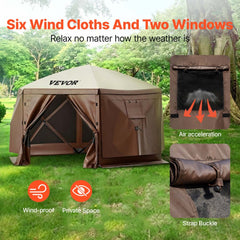 VEVOR Gazebo Screen Tent, 12 x 12 ft, 6 Sided Pop-up Camping Canopy Shelter Tent with Mesh Windows, Portable Carry Bag