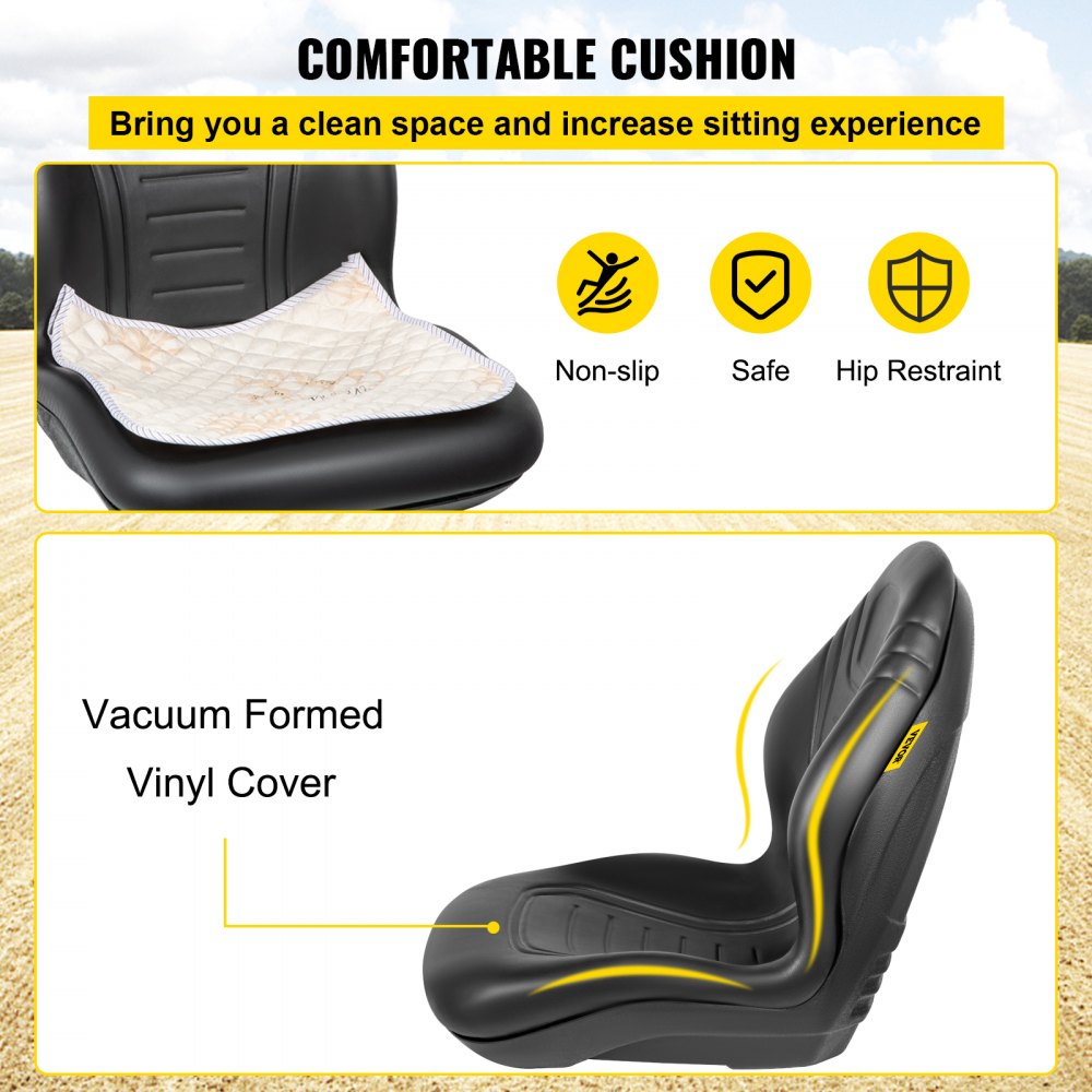 VEVOR Universal Lawn Tractor Seat Replacement, Compact High Back Mower Seat, Black Vinyl Forklift Seat, Central Drain