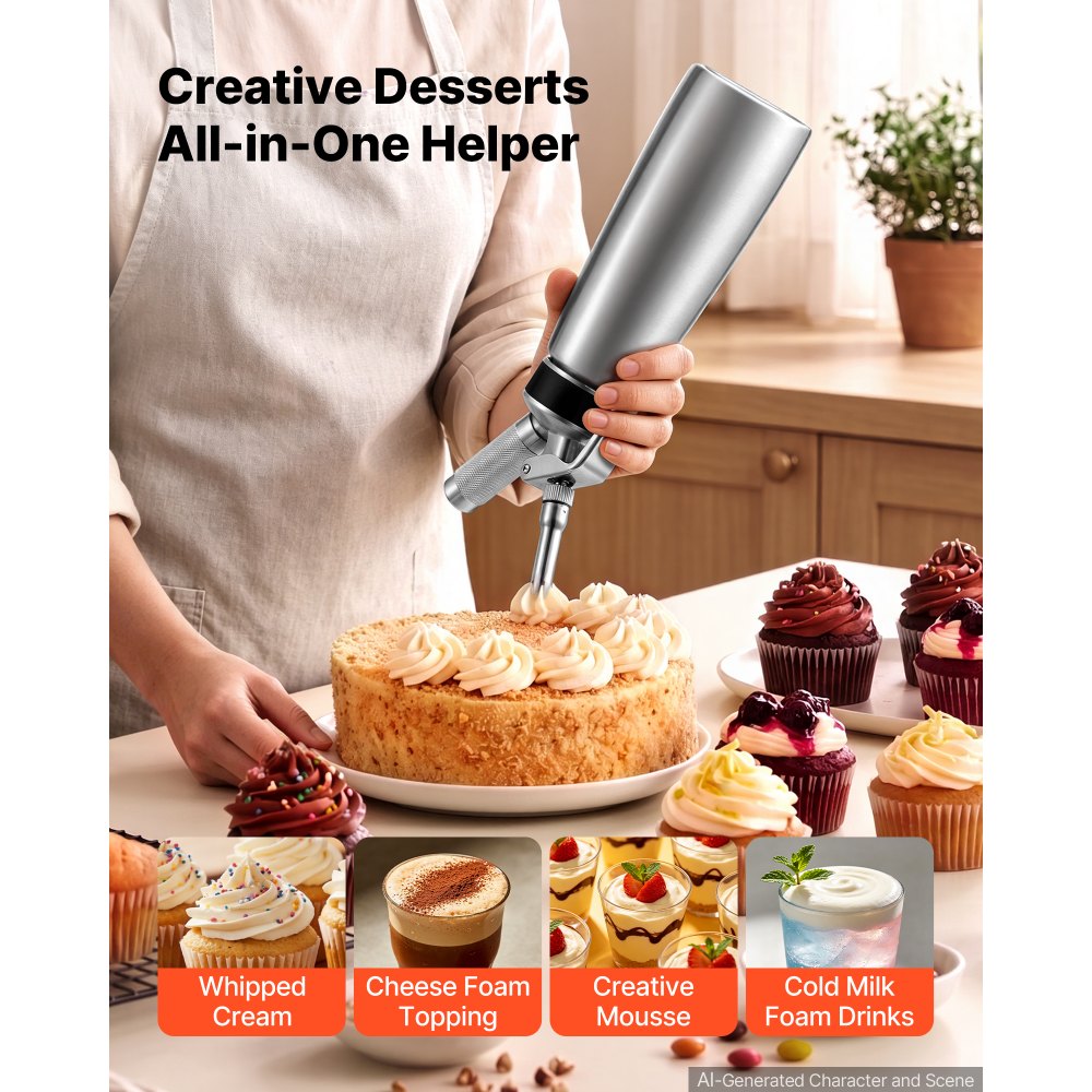 VEVOR Professional 304 Stainless Steel Whipped Cream Dispenser 500ml, Leak-Free Whipped Cream Maker, Whip Cream
