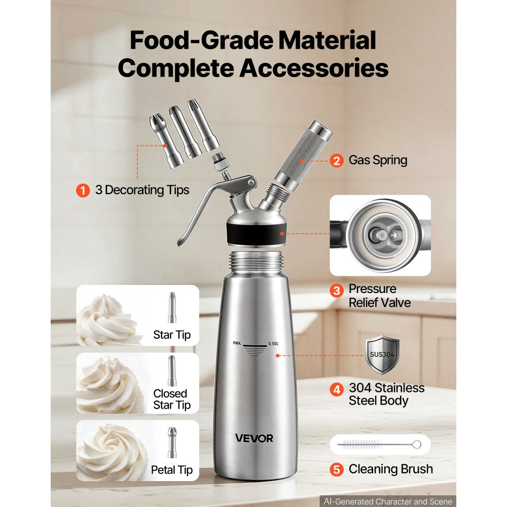 VEVOR Professional 304 Stainless Steel Whipped Cream Dispenser 500ml, Leak-Free Whipped Cream Maker, Whip Cream