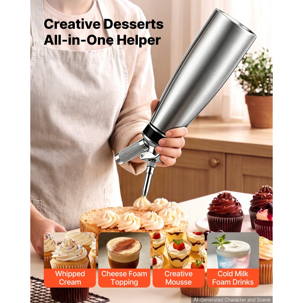 VEVOR Professional 304 Stainless Steel Whipped Cream Dispenser 1000ml, Leak-Free Whipped Cream Maker, Whip Cream