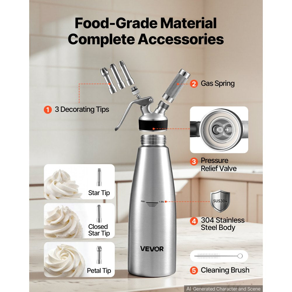 VEVOR Professional 304 Stainless Steel Whipped Cream Dispenser 1000ml, Leak-Free Whipped Cream Maker, Whip Cream