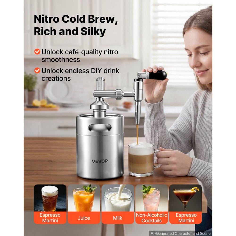 VEVOR Nitro Cold Brew Coffee Maker 68 oz Nitrogen Dispenser System, Home Brew Coffee Keg, Portable Nitrogen Infuser