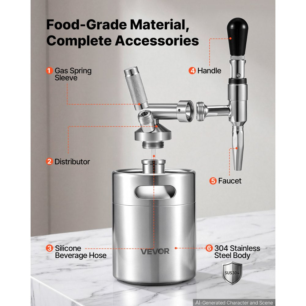 VEVOR Nitro Cold Brew Coffee Maker 68 oz Nitrogen Dispenser System, Home Brew Coffee Keg, Portable Nitrogen Infuser