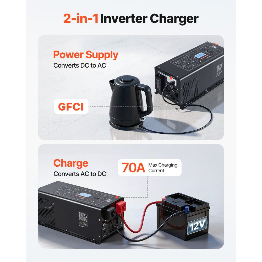VEVOR Pure Sine Wave Inverter Charger, 2000W, DC 12V to AC 120V Power Inverter with LCD Display, Remote Control, Low
