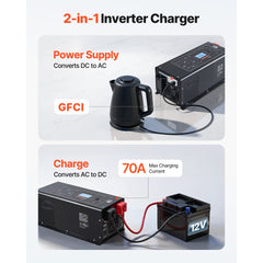 VEVOR Pure Sine Wave Inverter Charger, 2000W, DC 12V to AC 120V Power Inverter with LCD Display, Remote Control, Low