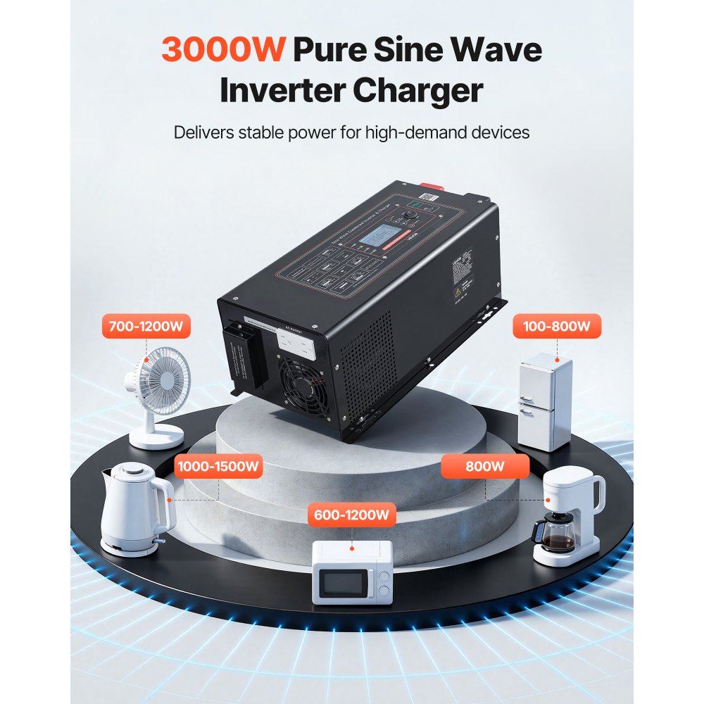 VEVOR Pure Sine Wave Inverter Charger, 3000W, DC 12V to AC 120V Power Inverter with LCD Display, Remote Control, Low