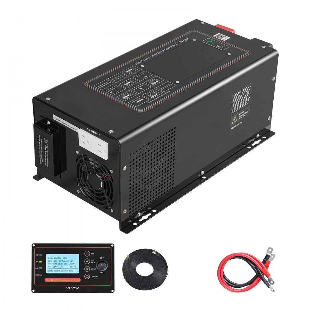 VEVOR Pure Sine Wave Inverter Charger, 3000W, DC 12V to AC 120V Power Inverter with LCD Display, Remote Control, Low