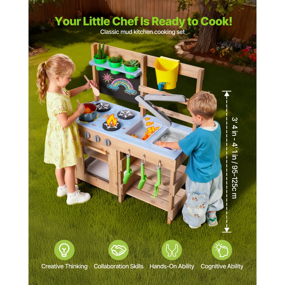 VEVOR Mud Kitchen, Outdoor Mud Kitchen for Kids, Wood Outdoor Play Kitchens with Stoves, Hooks, Sinks, Planting