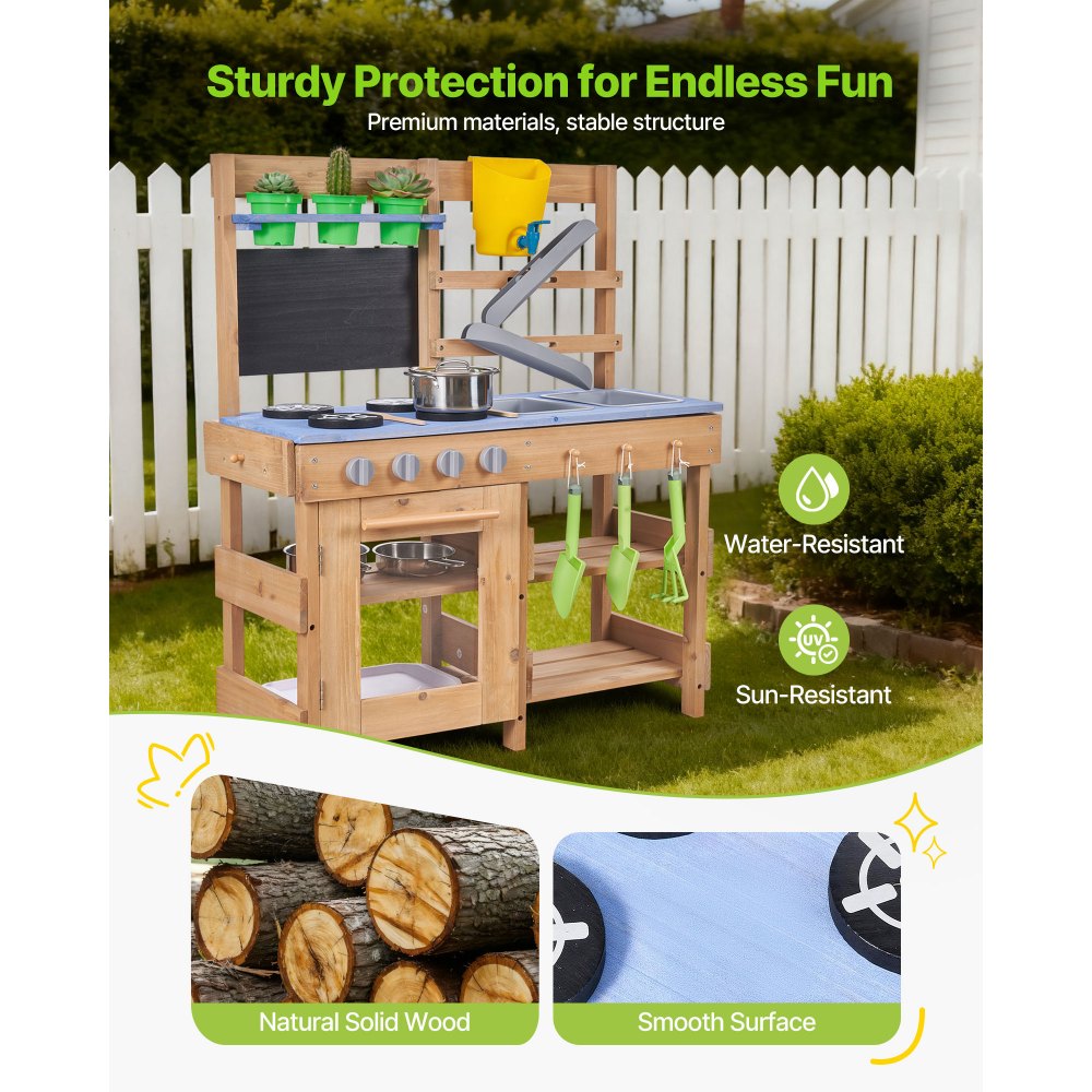 VEVOR Mud Kitchen, Outdoor Mud Kitchen for Kids, Wood Outdoor Play Kitchens with Stoves, Hooks, Sinks, Planting