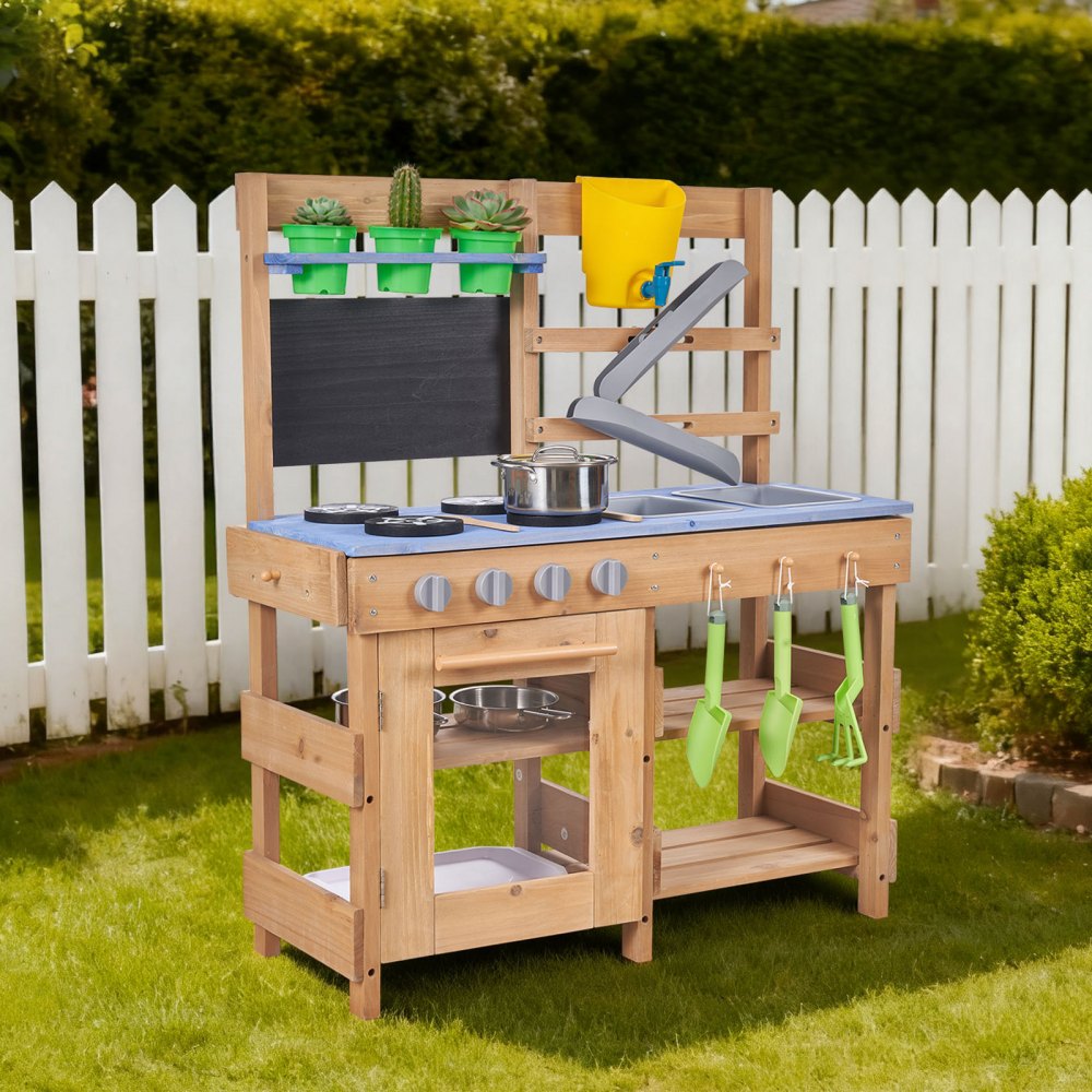 VEVOR Mud Kitchen, Outdoor Mud Kitchen for Kids, Wood Outdoor Play Kitchens with Stoves, Hooks, Sinks, Planting