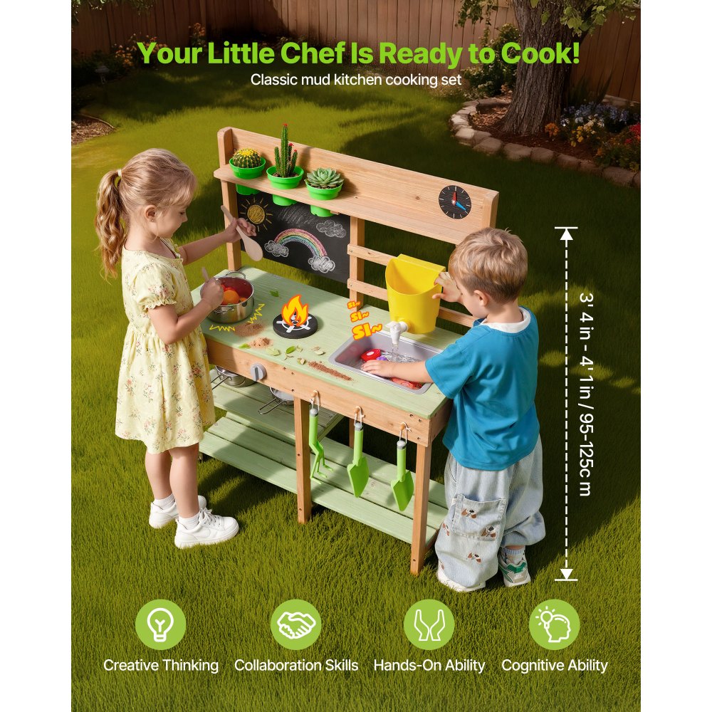 VEVOR Mud Kitchen, Outdoor Mud Kitchen for Kids, Wood Outdoor Play Kitchens with Stoves, Tank, Sink, Planting Shovels