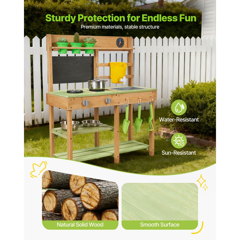 VEVOR Mud Kitchen, Outdoor Mud Kitchen for Kids, Wood Outdoor Play Kitchens with Stoves, Tank, Sink, Planting Shovels