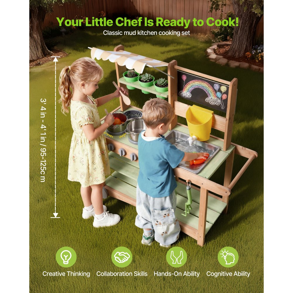 VEVOR Mud Kitchen, Outdoor Mud Kitchen for Kids, Wood Outdoor Play Kitchens with Spoons, Sink, Sunshade Canopy, Swivel