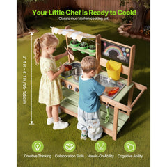 VEVOR Mud Kitchen, Outdoor Mud Kitchen for Kids, Wood Outdoor Play Kitchens with Spoons, Sink, Sunshade Canopy, Swivel