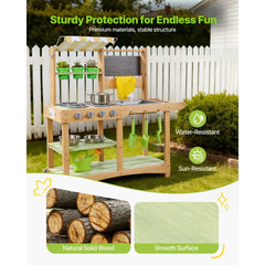 VEVOR Mud Kitchen, Outdoor Mud Kitchen for Kids, Wood Outdoor Play Kitchens with Spoons, Sink, Sunshade Canopy, Swivel