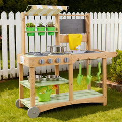 VEVOR Mud Kitchen, Outdoor Mud Kitchen for Kids, Wood Outdoor Play Kitchens with Spoons, Sink, Sunshade Canopy, Swivel