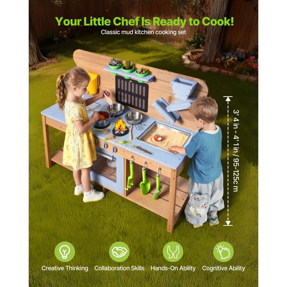 VEVOR Mud Kitchen, Outdoor Mud Kitchen for Kids, Wood Outdoor Play Kitchens with Stoves, Hooks, Double Sinks, Planting