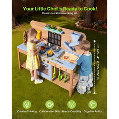 VEVOR Mud Kitchen, Outdoor Mud Kitchen for Kids, Wood Outdoor Play Kitchens with Stoves, Hooks, Double Sinks, Planting