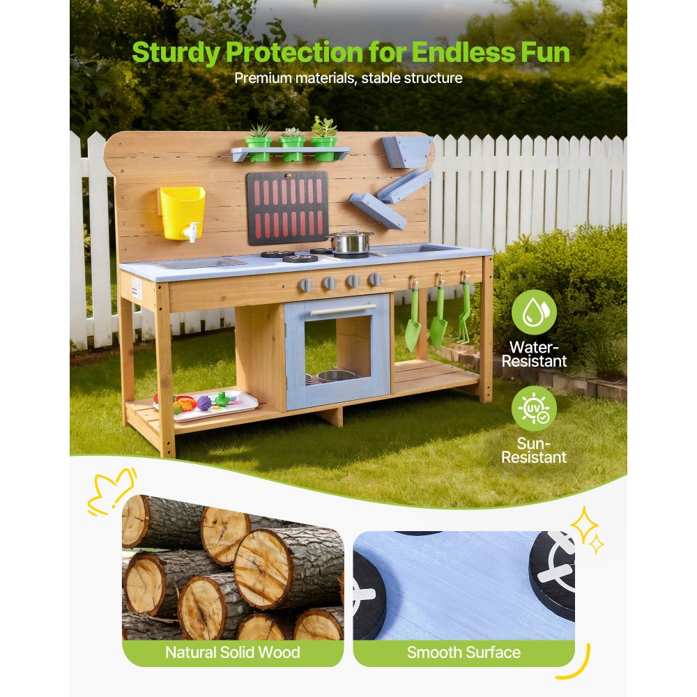 VEVOR Mud Kitchen, Outdoor Mud Kitchen for Kids, Wood Outdoor Play Kitchens with Stoves, Hooks, Double Sinks, Planting