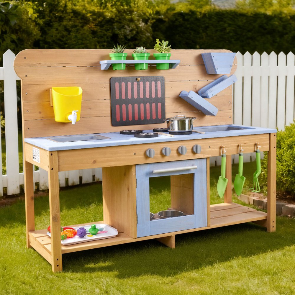 VEVOR Mud Kitchen, Outdoor Mud Kitchen for Kids, Wood Outdoor Play Kitchens with Stoves, Hooks, Double Sinks, Planting
