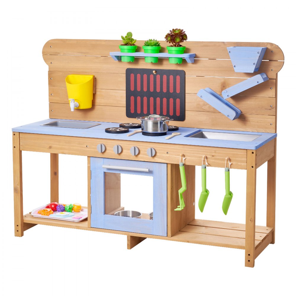 VEVOR Mud Kitchen, Outdoor Mud Kitchen for Kids, Wood Outdoor Play Kitchens with Stoves, Hooks, Double Sinks, Planting