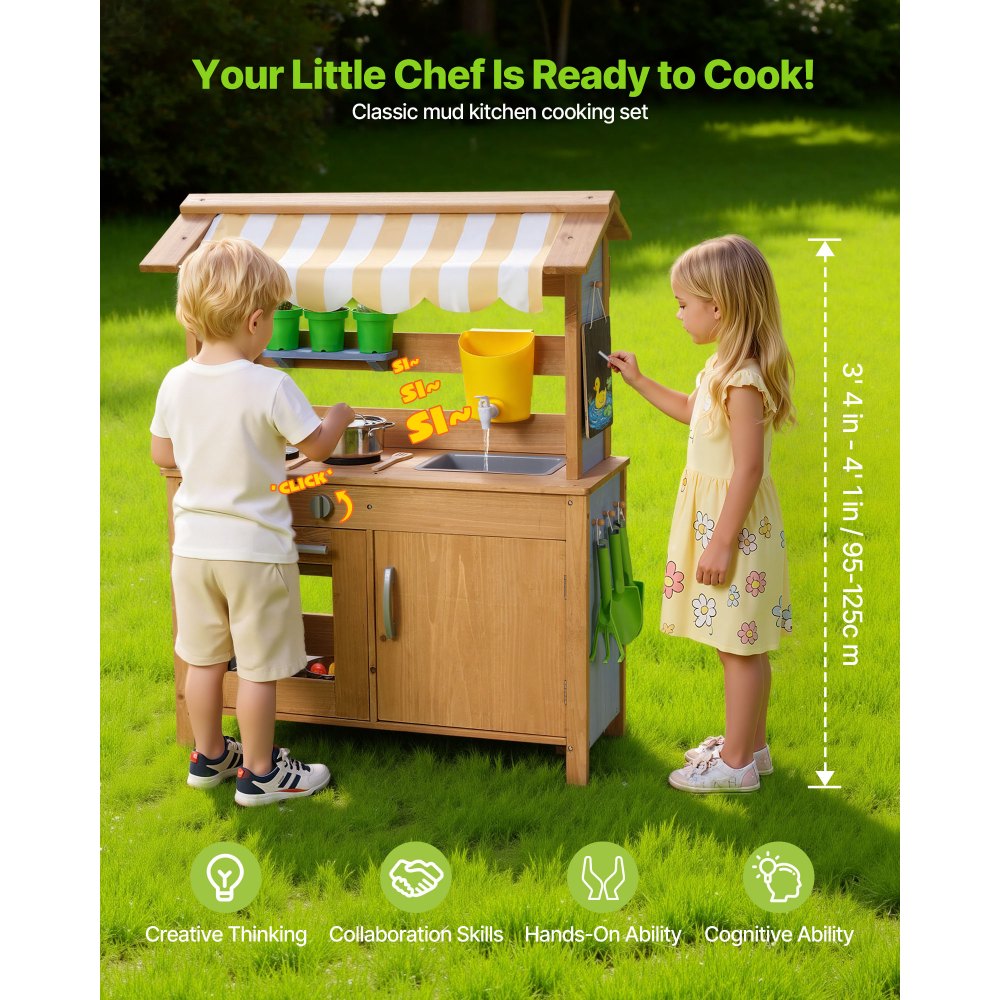 VEVOR Mud Kitchen, Outdoor Mud Kitchen for Kids, Wood Outdoor Play Kitchens with Spoons, Sink, Tank, Sunshade Canopy