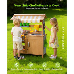 VEVOR Mud Kitchen, Outdoor Mud Kitchen for Kids, Wood Outdoor Play Kitchens with Spoons, Sink, Tank, Sunshade Canopy