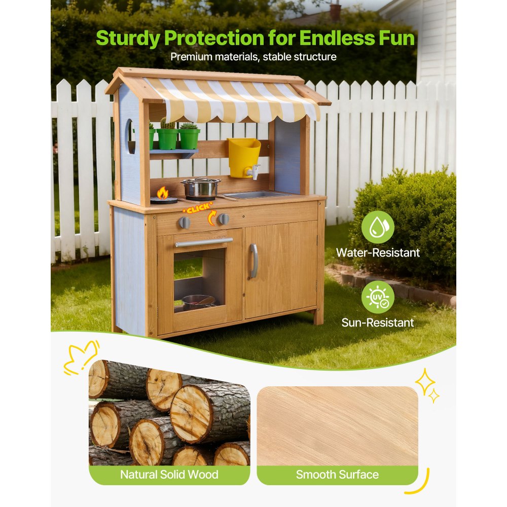 VEVOR Mud Kitchen, Outdoor Mud Kitchen for Kids, Wood Outdoor Play Kitchens with Spoons, Sink, Tank, Sunshade Canopy