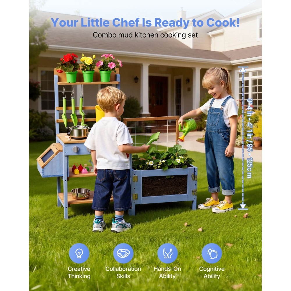 VEVOR Mud Kitchen, Outdoor Mud Kitchen for Kids, Wood Outdoor Play Kitchens with Planting Box, Critter Catcher