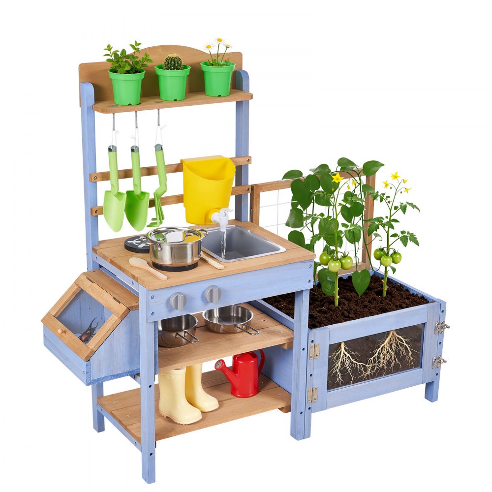 VEVOR Mud Kitchen, Outdoor Mud Kitchen for Kids, Wood Outdoor Play Kitchens with Planting Box, Critter Catcher