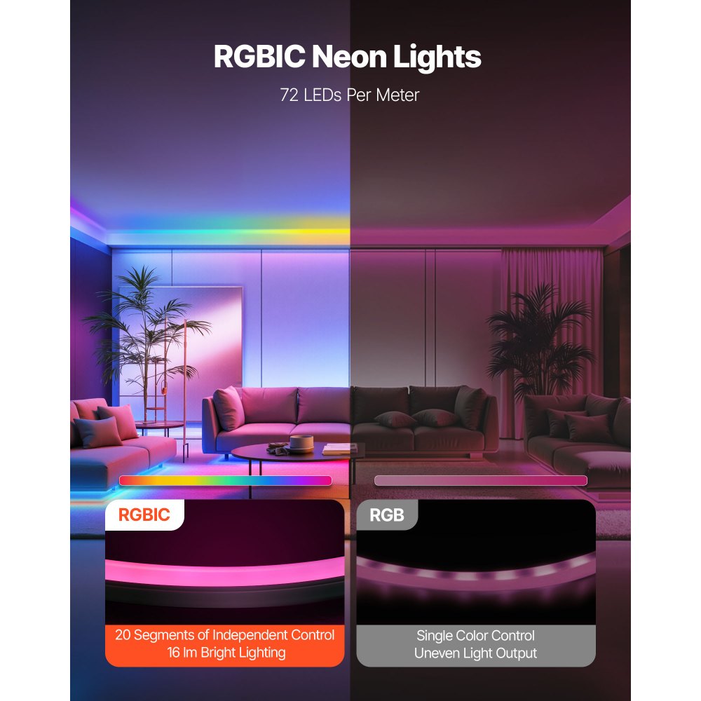 VEVOR LED Neon Rope Light, 16.4 ft, Flexible RGB-IC LED Strip Light, Control with App/Remote, Works with Alexa & Google