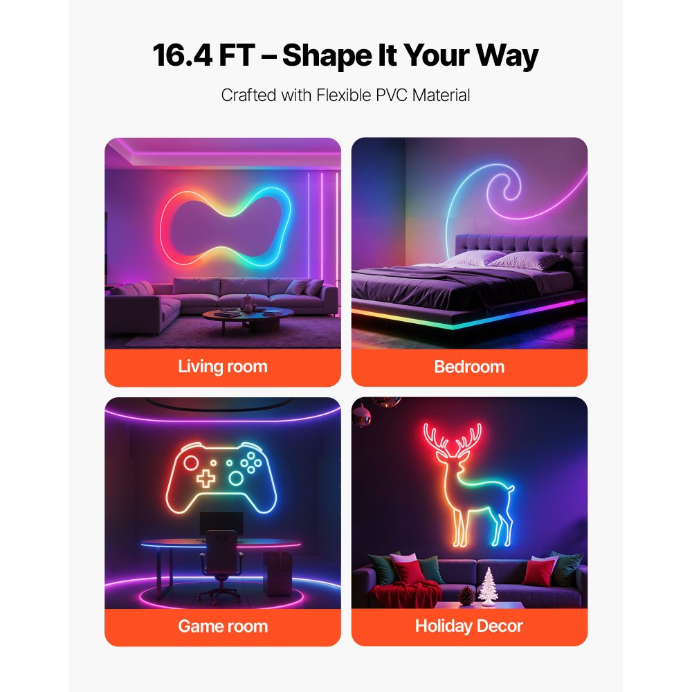 VEVOR LED Neon Rope Light, 16.4 ft, Flexible RGB-IC LED Strip Light, Control with App/Remote, Works with Alexa & Google